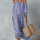 Blue And White Striped Off-the-shoulder Loose-fitting Resort Dress