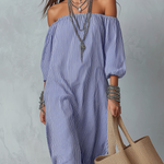 Blue And White Striped Off-the-shoulder Loose-fitting Resort Dress