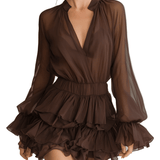 VESTIDO CORTO DE GASA MARRÓN CHOCOLATE CON VOLANTES - VALERINA MARBELLA