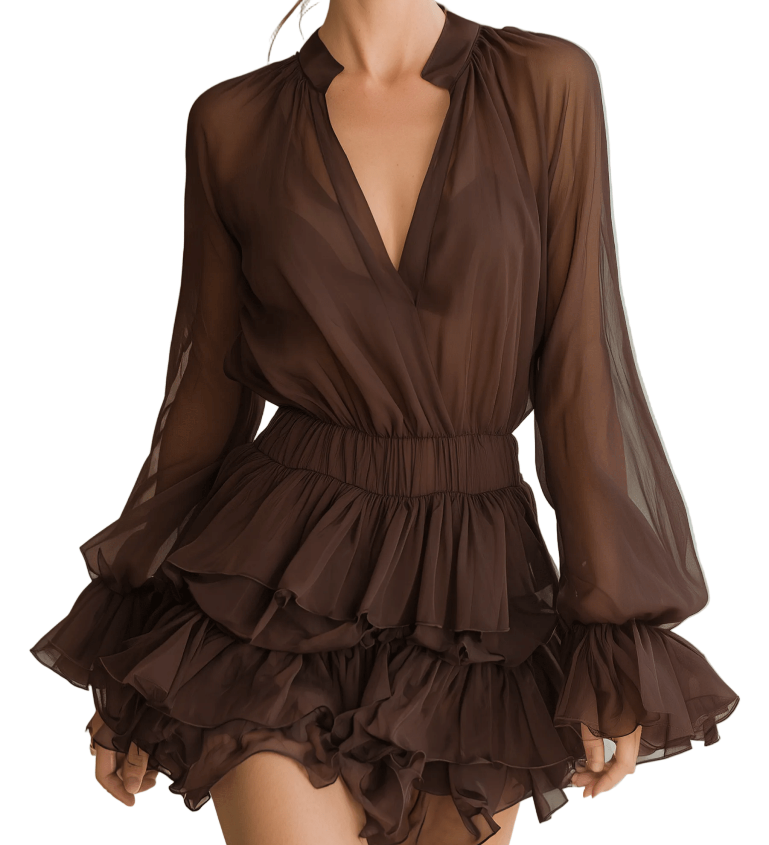 VESTIDO CORTO DE GASA MARRÓN CHOCOLATE CON VOLANTES - VALERINA MARBELLA