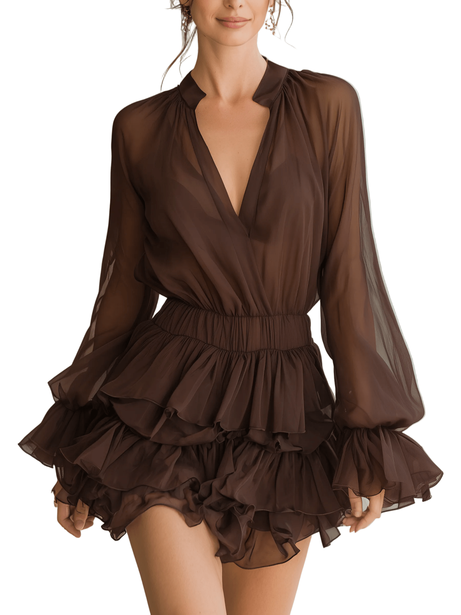 VESTIDO CORTO DE GASA MARRÓN CHOCOLATE CON VOLANTES - VALERINA MARBELLA