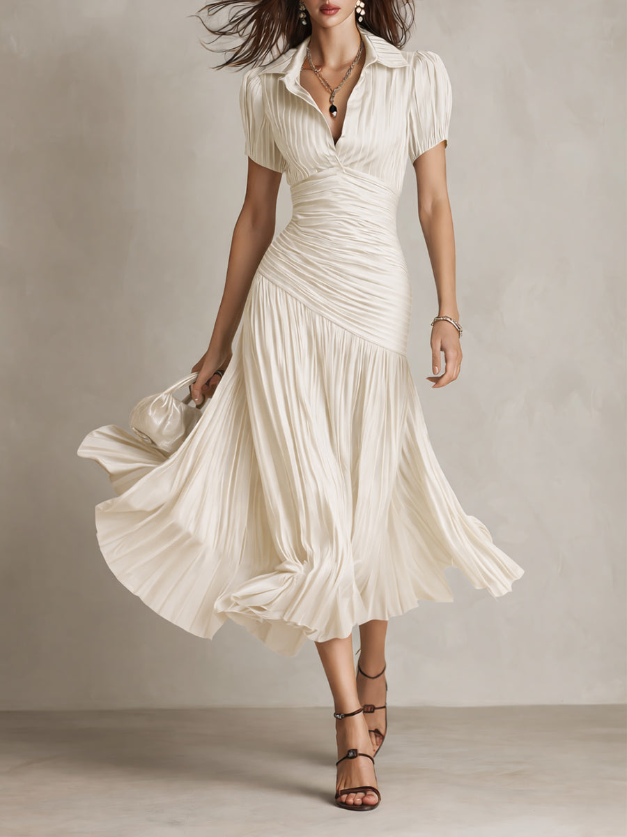 Retro Striped Satin Pleated Bodycon Midi Dress