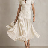 Retro Striped Satin Pleated Bodycon Midi Dress