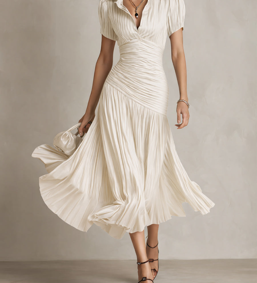 Retro Striped Satin Pleated Bodycon Midi Dress