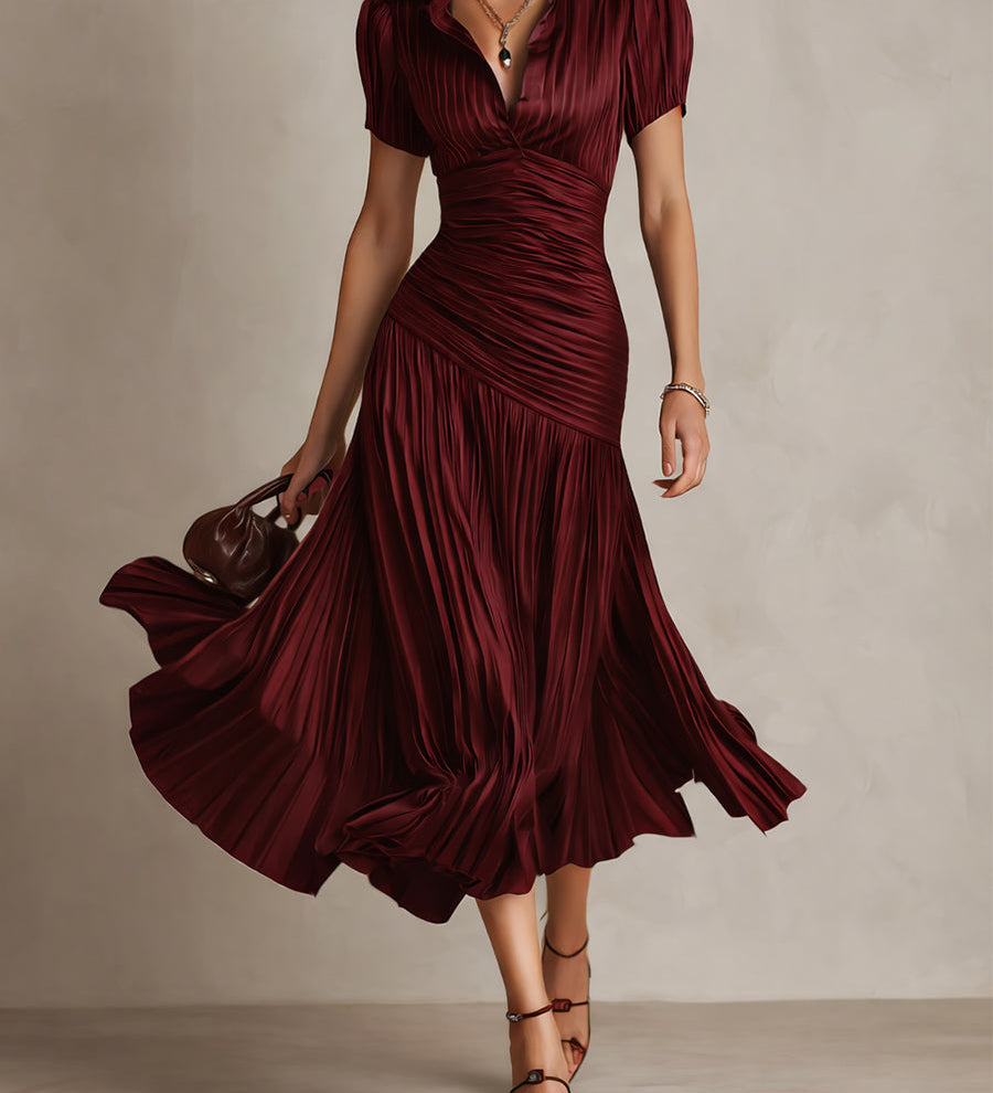 Retro Striped Satin Pleated Bodycon Midi Dress