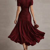 Retro Striped Satin Pleated Bodycon Midi Dress