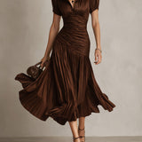 Retro Striped Satin Pleated Bodycon Midi Dress