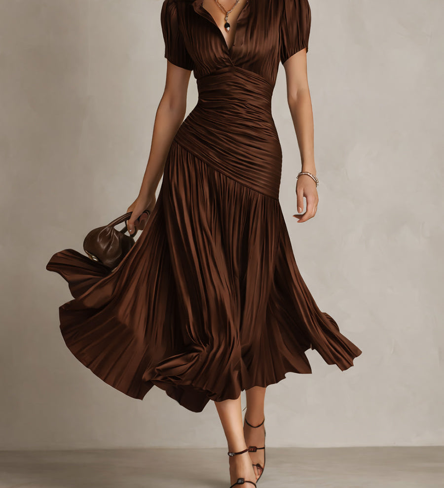 Retro Striped Satin Pleated Bodycon Midi Dress