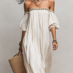 Bohemian Style Off-the-shoulder Pleated Ivory Long Dress