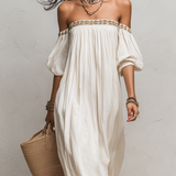 Bohemian Style Off-the-shoulder Pleated Ivory Long Dress
