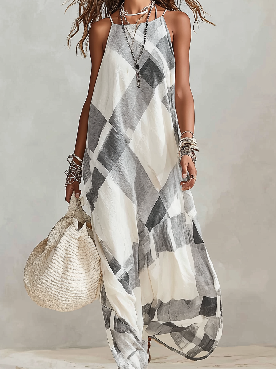 Black And White Checkered Loose-fitting Dress