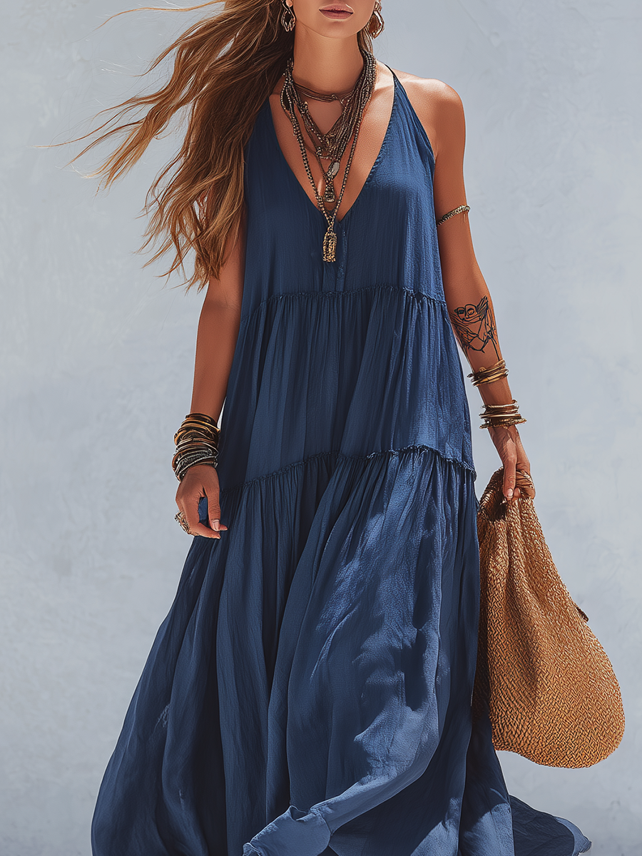 Bohemian-style Midnight Blue Halter Neck Layered Long Dress