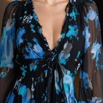 VESTIDO LARGO DE GASA FLORAL ACUARELA EN NEGRO Y PETRÓLEO - VALERINA MARBELLA