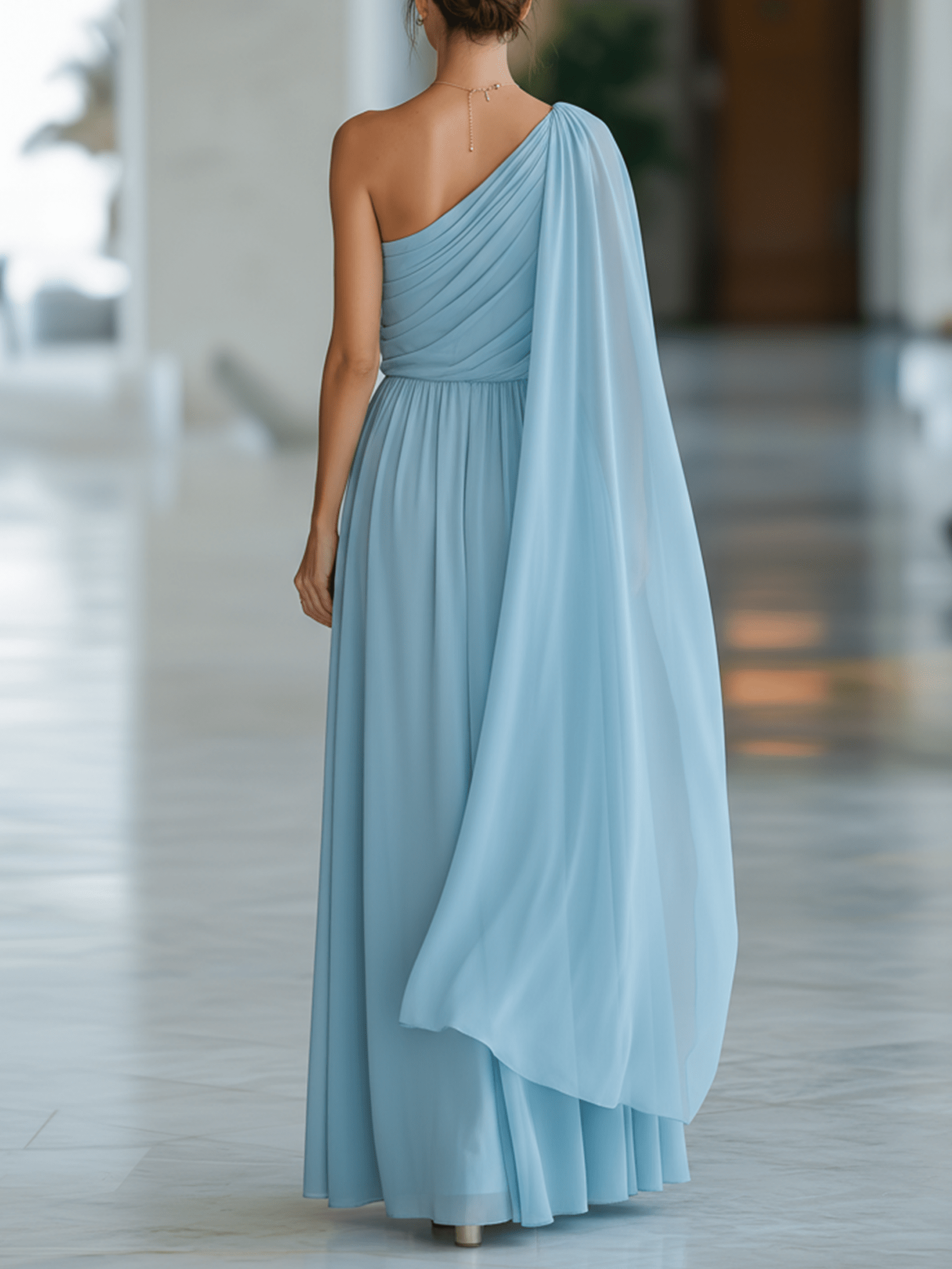 VESTIDO MAXI DE GASA AZUL CLARO DE UN SOLO HOMBRO - VALERINA MARBELLA