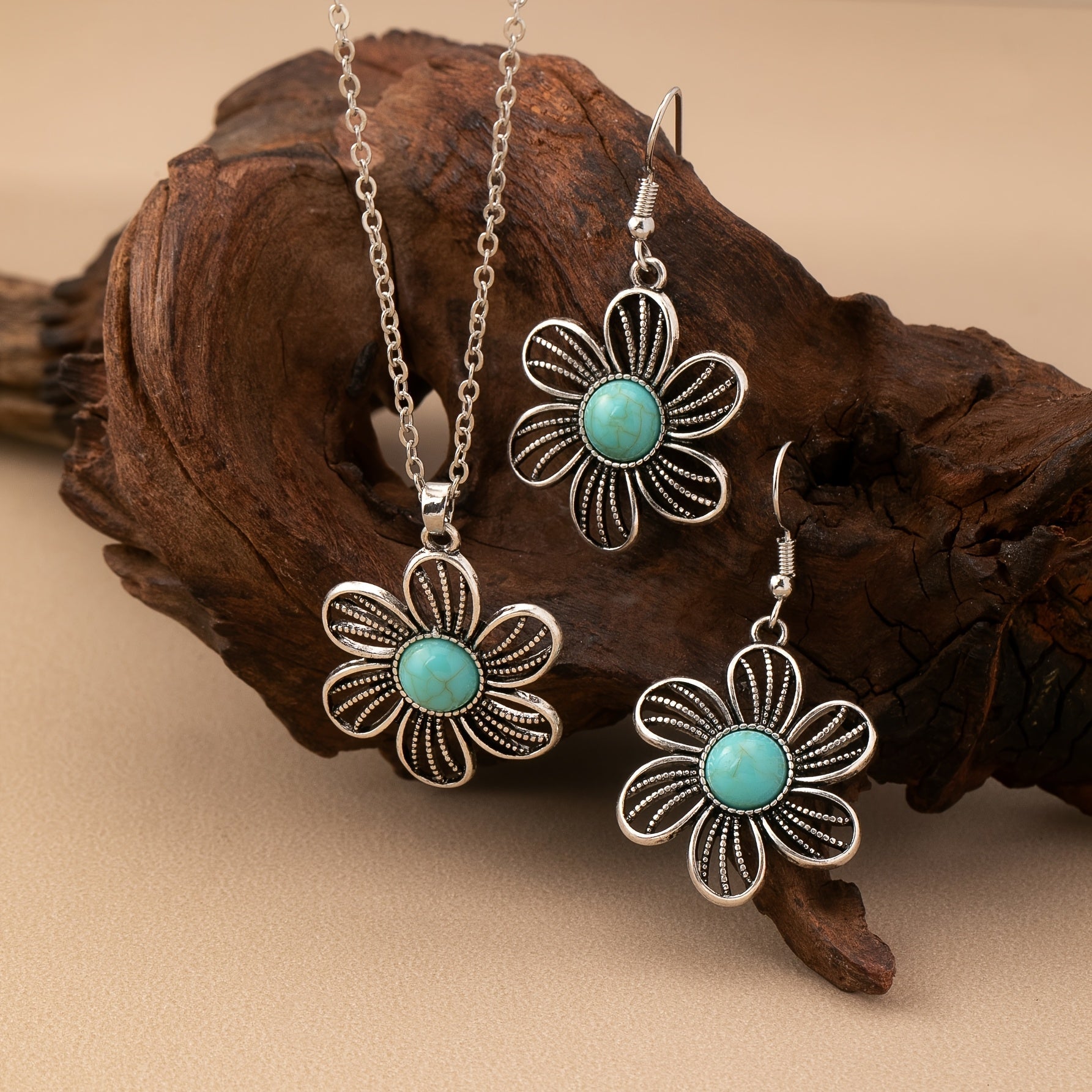 CONJUNTO VINTAGE TURQUESA FLOR PLATA PLAQUÉ COLLAR & BOUCLE OREILLE