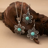 CONJUNTO VINTAGE BOHEMIO TURQUESA FLOR PENDIENTES COLLAR JOYAS