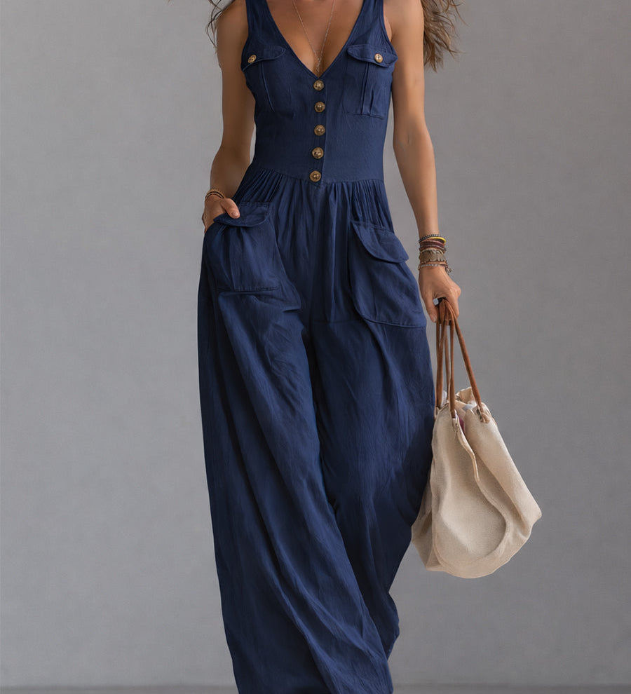 Casual Sleeveless Wide-leg Jumpsuit With Patch Pockets