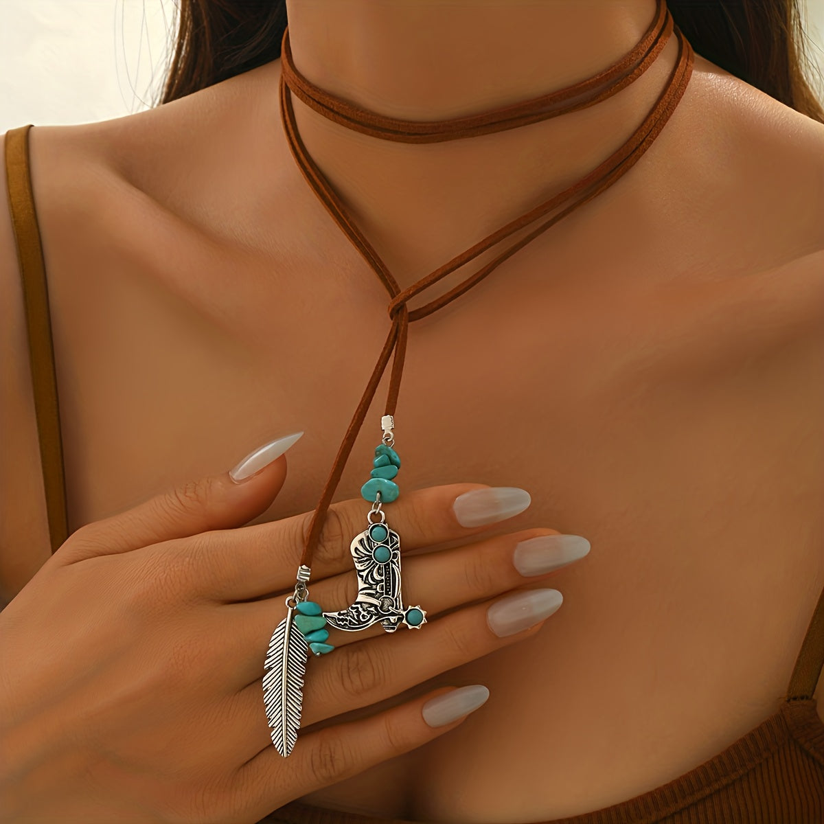 COLLAR VINTAGE BOHEMIO TURQUESA PLUMA COLGANTE SUPERPUESTO