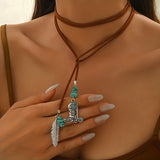 COLLAR VINTAGE BOHEMIO TURQUESA PLUMA COLGANTE SUPERPUESTO