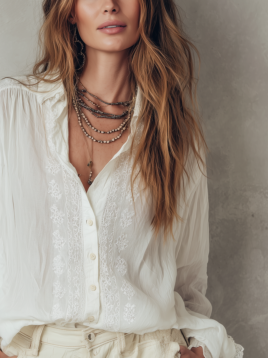 Classic Bohemian-style Embroidered White Shirt