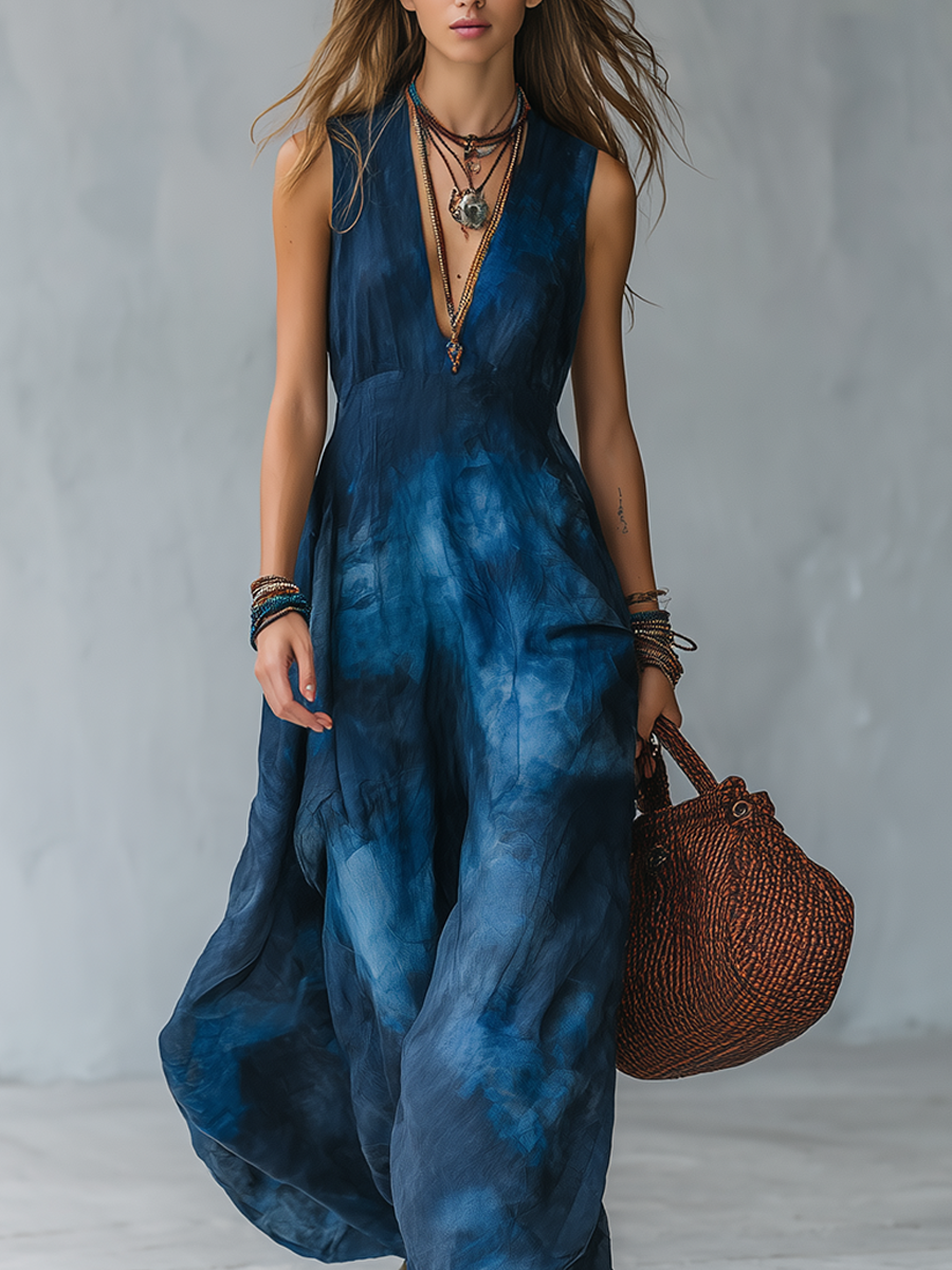 Retro Tie-dye Bohemian Style Long Dress With A Deep V-neck Design.