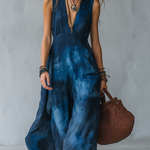 Retro Tie-dye Bohemian Style Long Dress With A Deep V-neck Design.