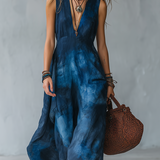 Retro Tie-dye Bohemian Style Long Dress With A Deep V-neck Design.