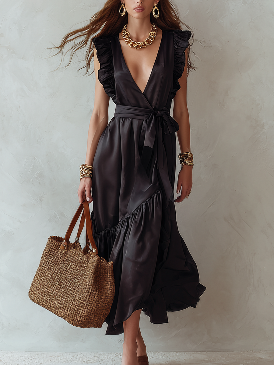 Alluring Deep-V Wrap Midi Dress