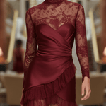 VESTIDO CORTO ENVOLVENTE DE SATÉN BURDEOS CON ENCAJE - VALERINA MARBELLA