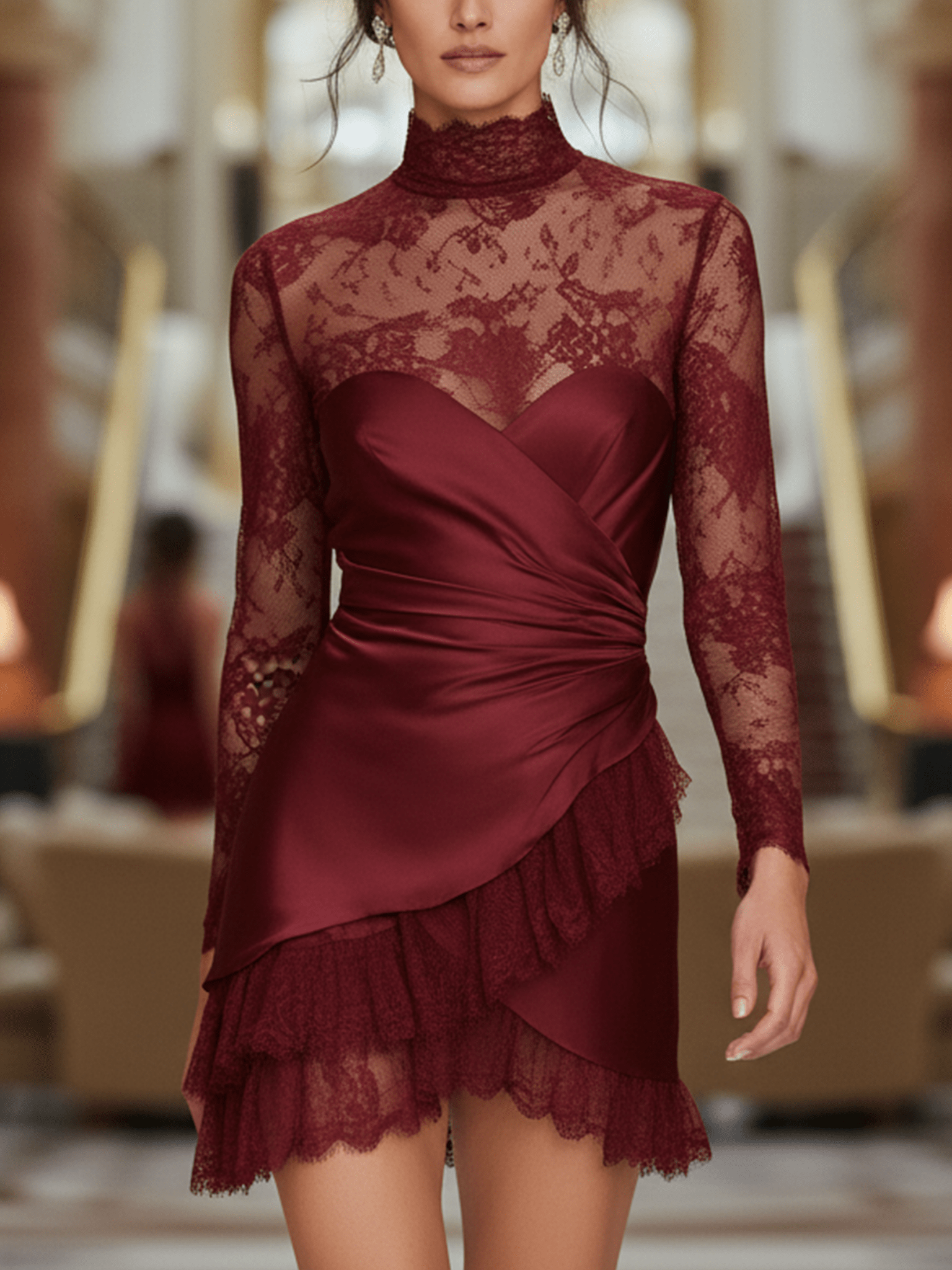 VESTIDO CORTO ENVOLVENTE DE SATÉN BURDEOS CON ENCAJE - VALERINA MARBELLA