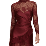 VESTIDO CORTO ENVOLVENTE DE SATÉN BURDEOS CON ENCAJE - VALERINA MARBELLA