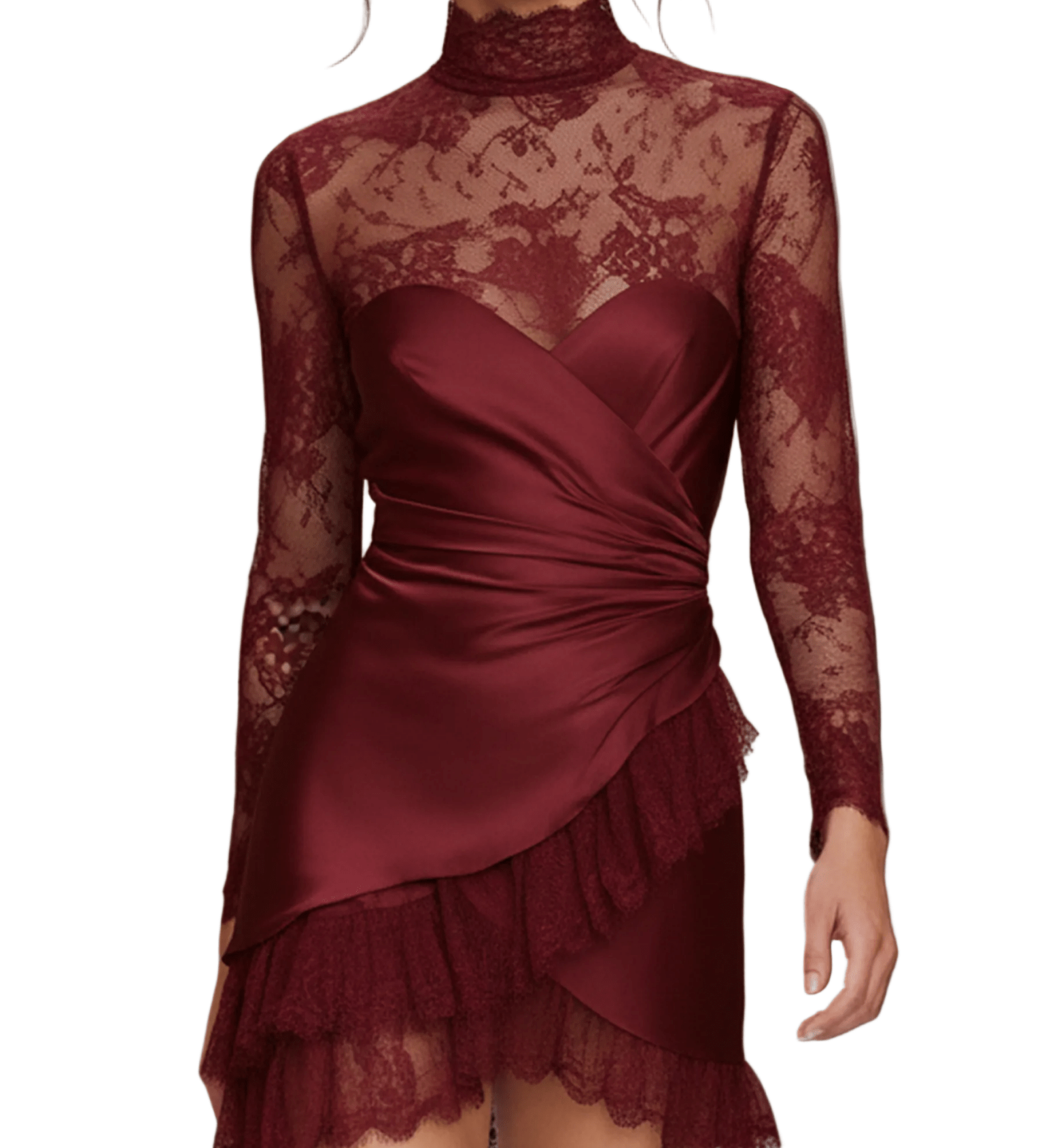 VESTIDO CORTO ENVOLVENTE DE SATÉN BURDEOS CON ENCAJE - VALERINA MARBELLA