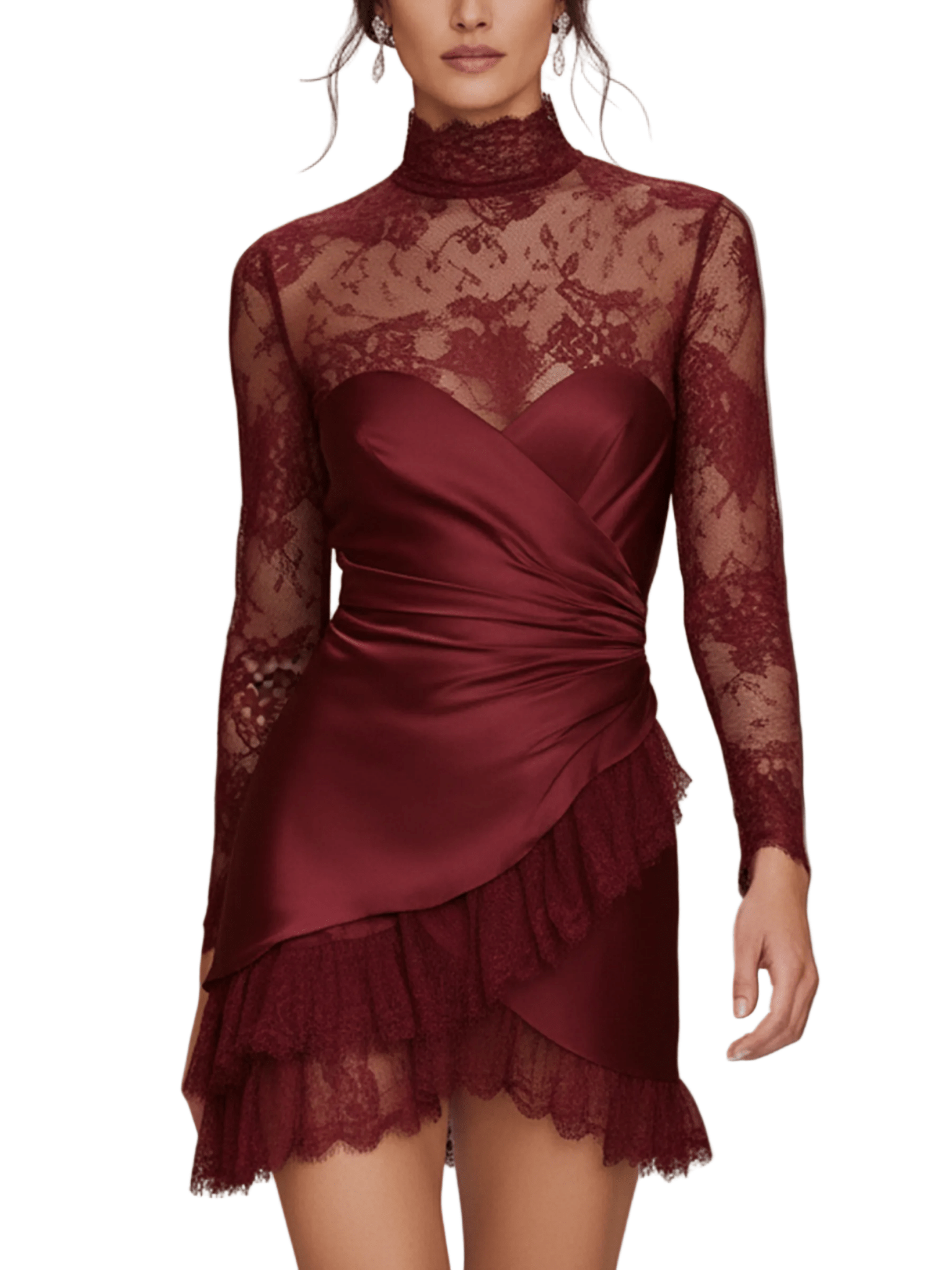 VESTIDO CORTO ENVOLVENTE DE SATÉN BURDEOS CON ENCAJE - VALERINA MARBELLA