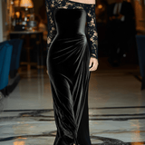 VESTIDO LARGO DE TERCIOPELO NEGRO CON UN HOMBRO - VALERINA MARBELLA