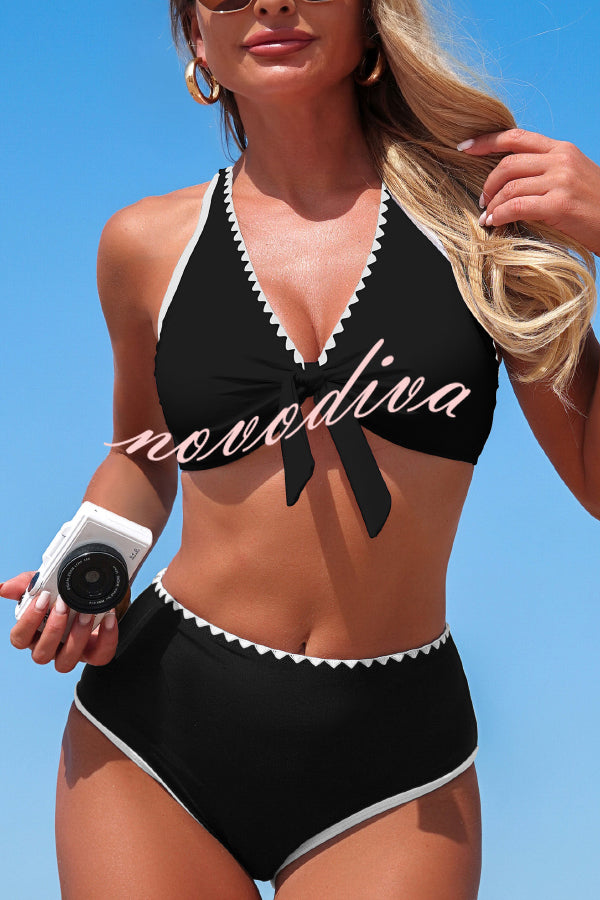 Stylish Color-blocked Trim High-waisted Two-piece Stretch Bikini Swimsuit