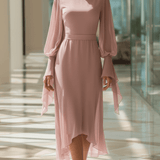 VESTIDO LARGO DE GASA ROSA EMPOLVADO CON PUÑOS DE LAZO - VALERINA MARBELLA