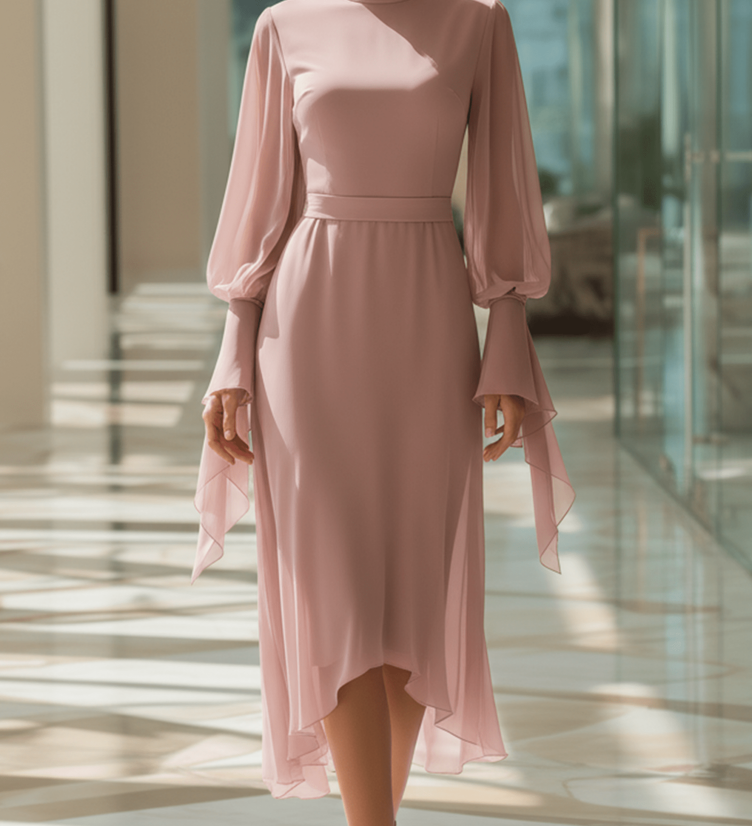 VESTIDO LARGO DE GASA ROSA EMPOLVADO CON PUÑOS DE LAZO - VALERINA MARBELLA