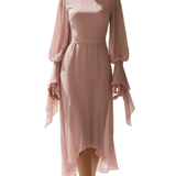 VESTIDO LARGO DE GASA ROSA EMPOLVADO CON PUÑOS DE LAZO - VALERINA MARBELLA