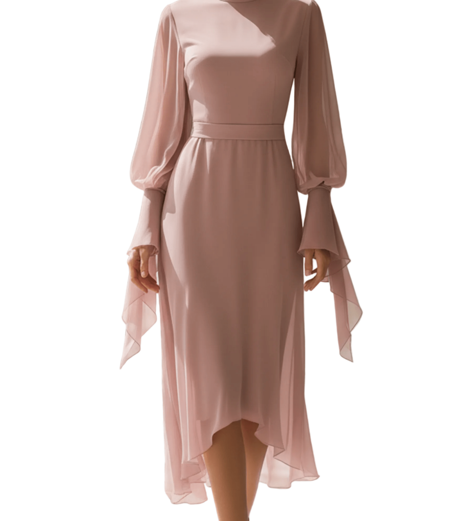 VESTIDO LARGO DE GASA ROSA EMPOLVADO CON PUÑOS DE LAZO - VALERINA MARBELLA