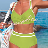 Stylish Color-blocked Striped High-waisted Two-piece Stretch Bikini Swimsuit