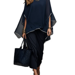 Elegant Navy Sheer Contrast-Trim Batwing Sleeve & Midi Dress Co-ord Set