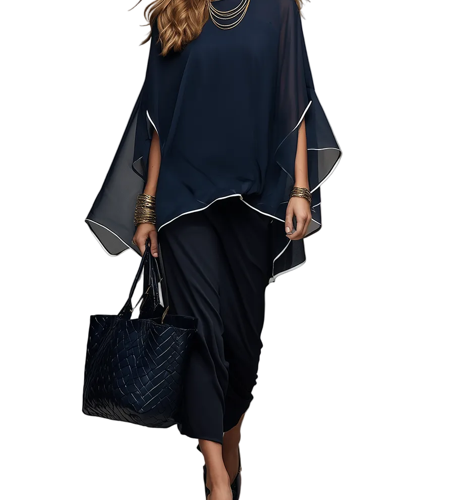 Elegant Navy Sheer Contrast-Trim Batwing Sleeve & Midi Dress Co-ord Set