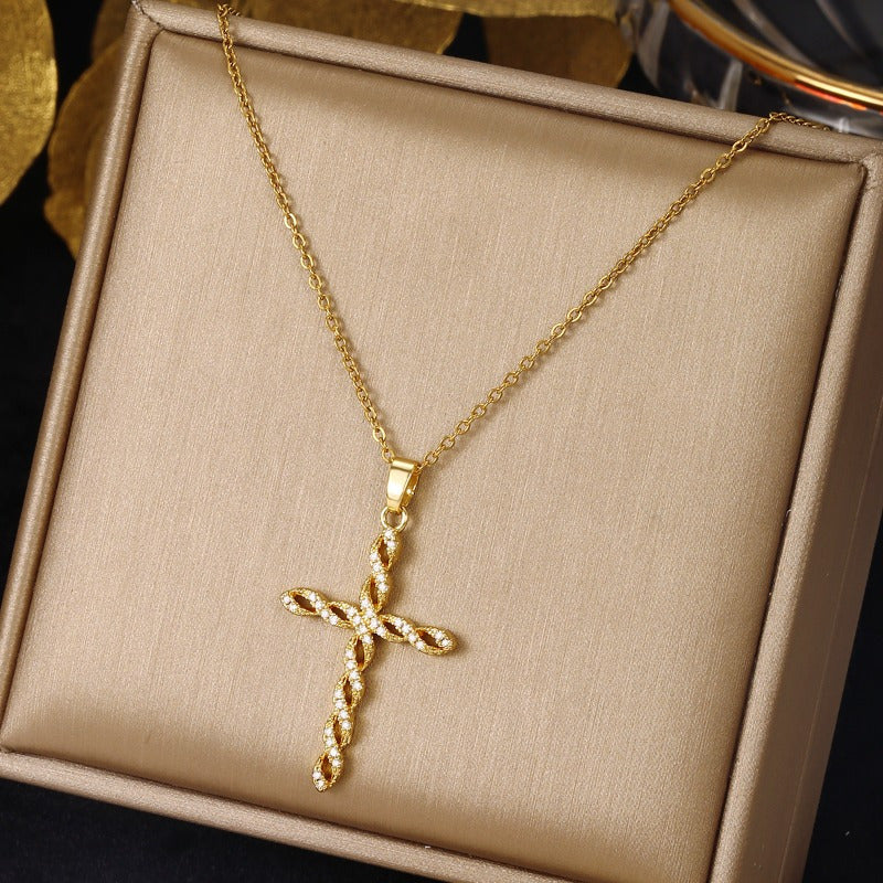 COLLAR CRISTAL TRENZADO CRUZ | ORO
