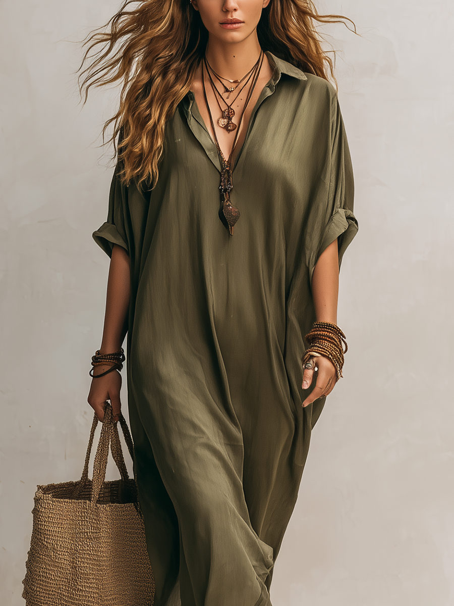 Relaxed-fit Green Satin Robe Dress