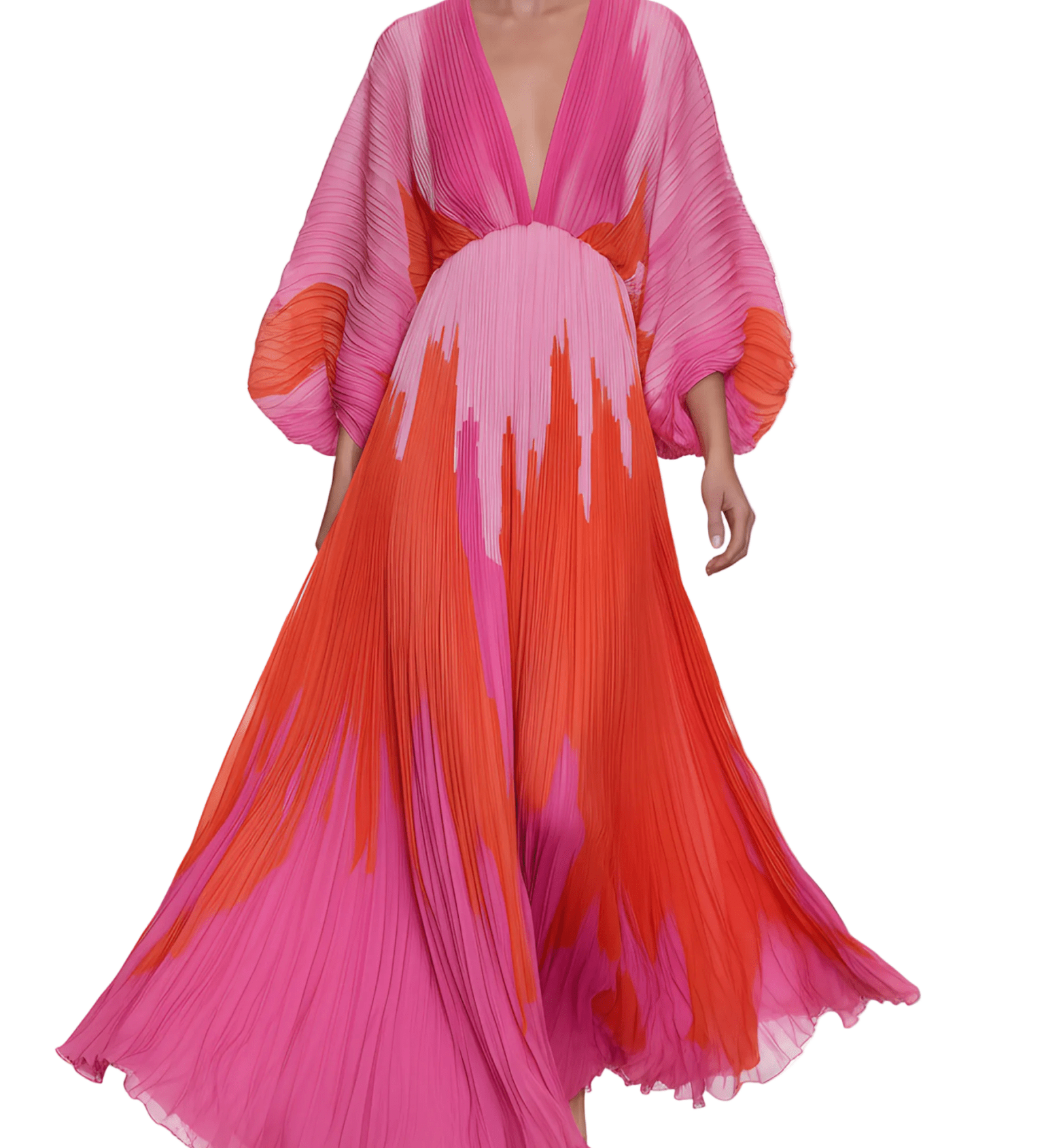 VESTIDO MAXI DE GASA PLISADA CON DEGRADADO ROSA Y NARANJA - VALERINA MARBELLA