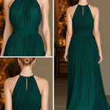 VESTIDO MIDI PLISADO VERDE ESMERALDA CON CUELLO HALTER - VALERINA MARBELLA