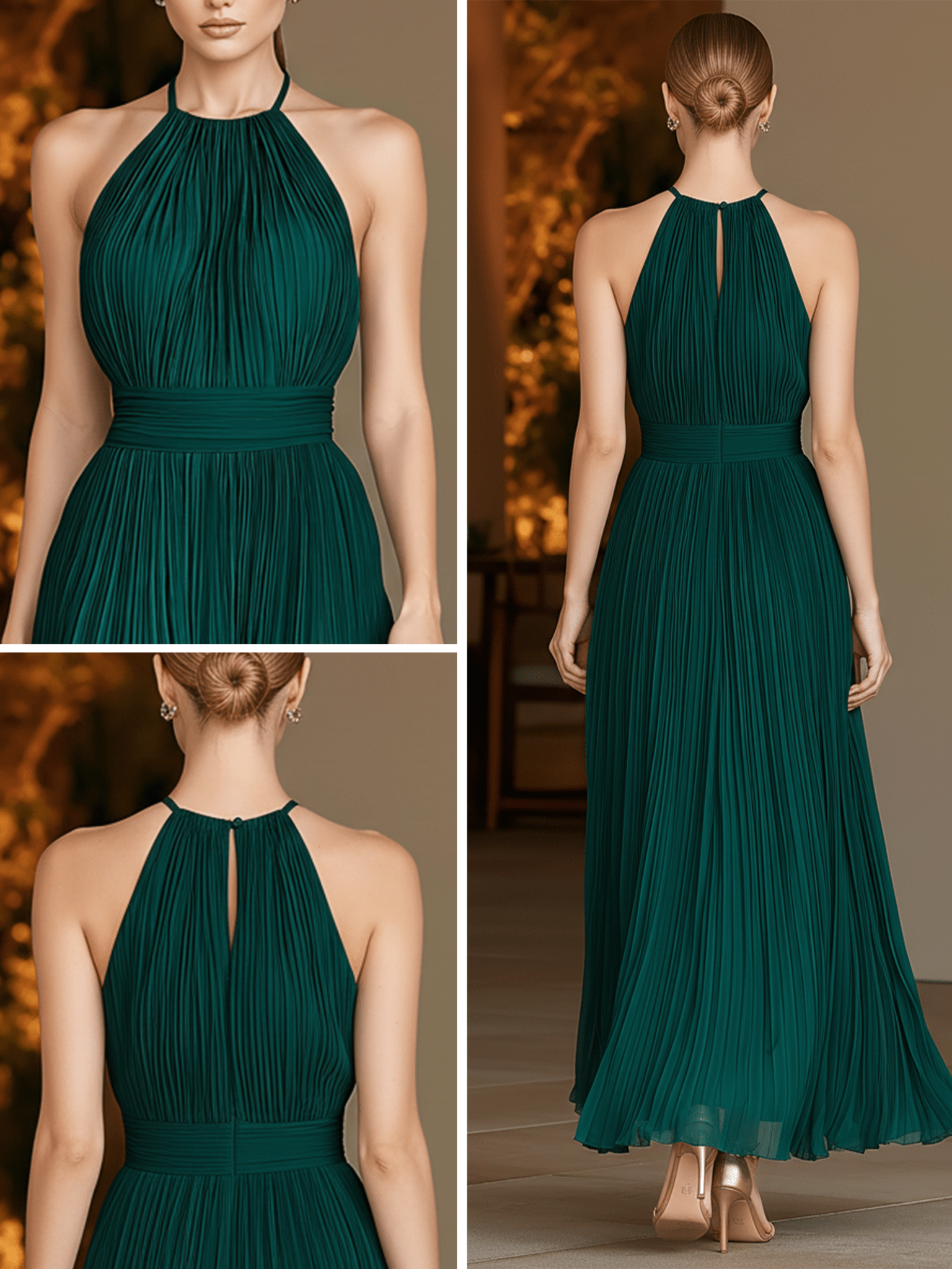 VESTIDO MIDI PLISADO VERDE ESMERALDA CON CUELLO HALTER - VALERINA MARBELLA
