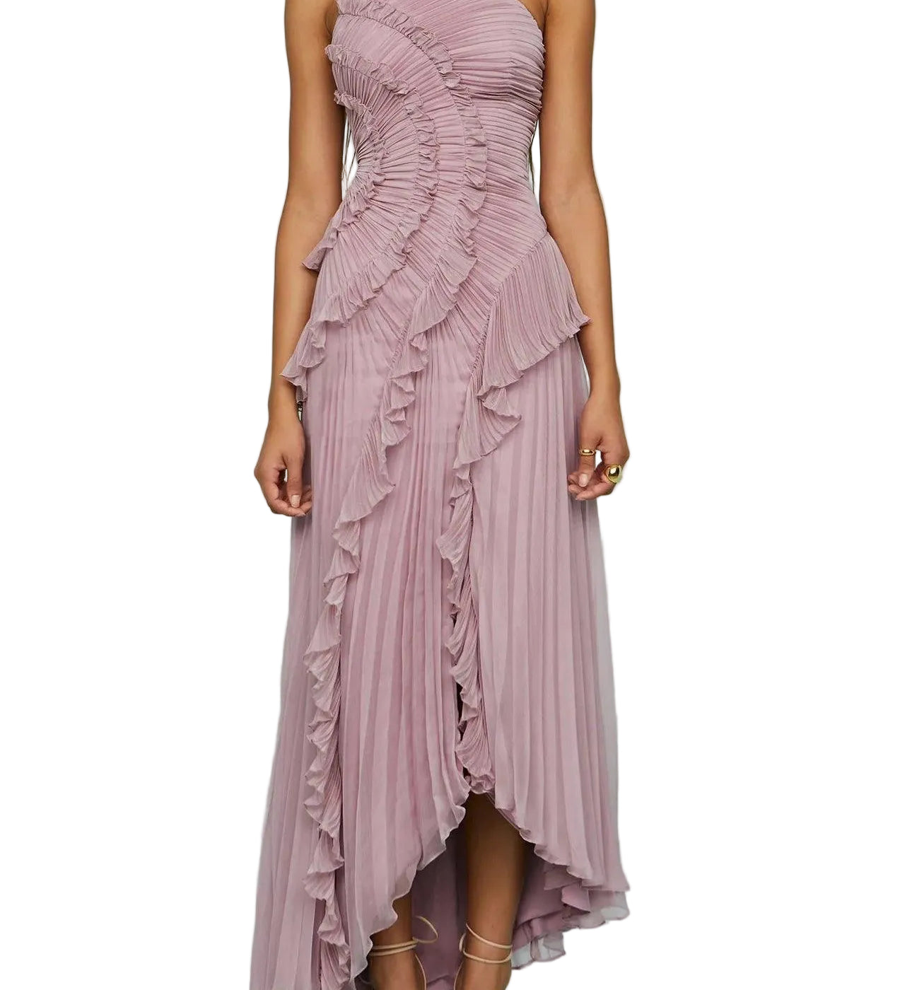 Vestido longo plissado com alças e fendas.