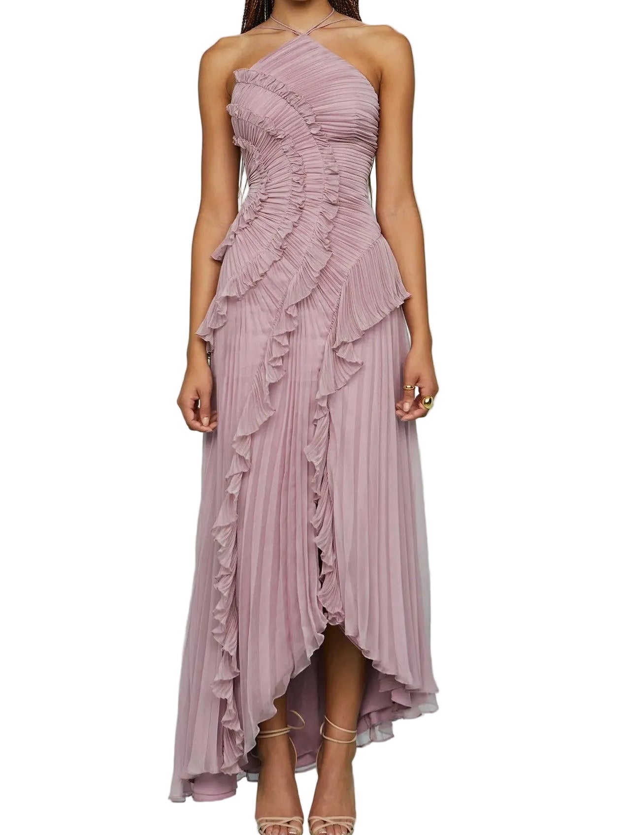 Vestido longo plissado com alças e fendas.