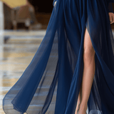 VESTIDO LARGO AZUL MARINO SEMITRANSPARENTE CON CUELLO ALTO Y CINTURÓN - VALERINA MARBELLA